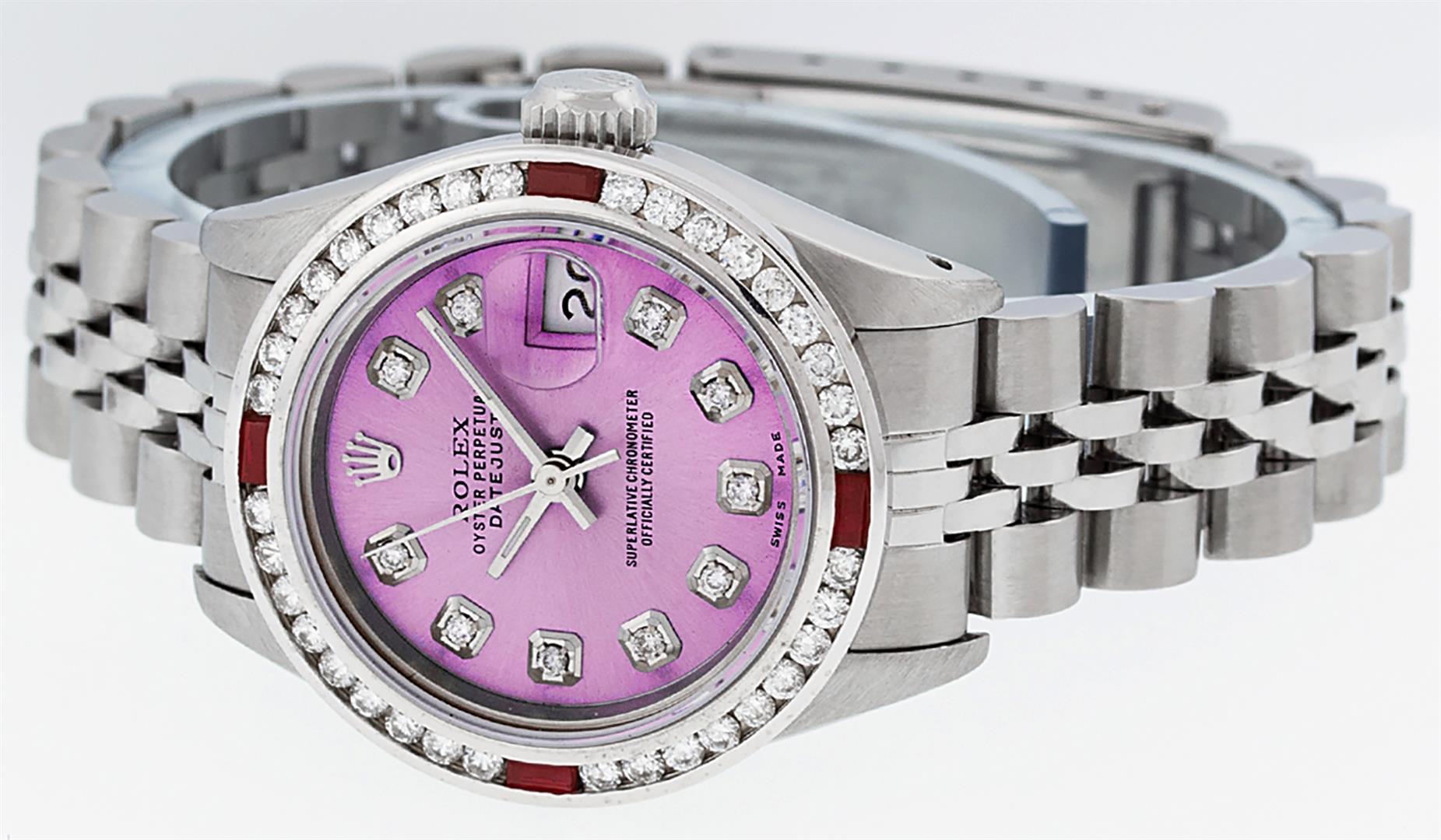 Rolex Ladies Stainless Steel Pink Diamond & Channel Ruby Datejust Wristwatch