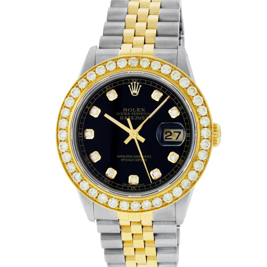 Rolex Mens 2 Tone 18K Black 2.5 ctw Diamond Datejust Wristwatch With Rolex Box &
