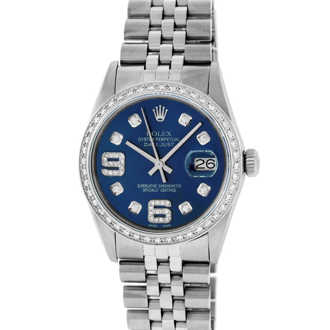 Rolex Mens Stainless Steel Blue Diamond 36MM Datejust Wristwatch