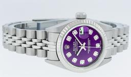 Rolex Ladies Stainless Steel Purple Diamond Quickset Datejust Wristwatch