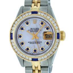 Rolex Ladies 2 Tone 14K MOP Sapphire & Diamond Channel Set Datejust Wristwatch