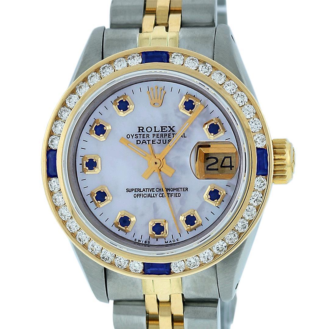 Rolex Ladies 2 Tone 14K MOP Sapphire & Diamond Channel Set Datejust Wristwatch