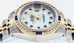 Rolex Ladies 2 Tone 14K MOP Sapphire & Diamond Channel Set Datejust Wristwatch