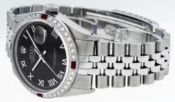 Rolex Mens Stainless Steel Silver Black Roman Diamond & Ruby Datejust Wristwatch