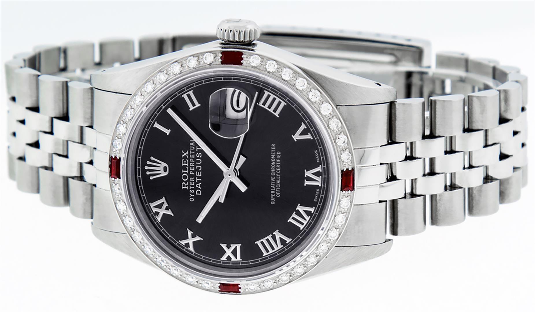 Rolex Mens Stainless Steel Silver Black Roman Diamond & Ruby Datejust Wristwatch