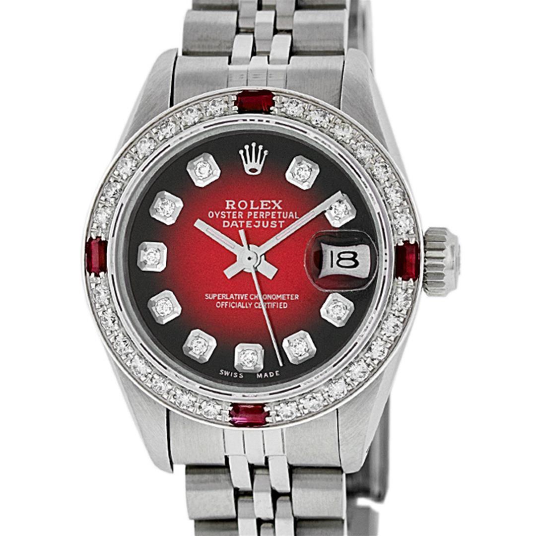 Rolex Ladies Stainless Steel Red Vignette Diamond & Ruby Datejust Wristwatch