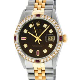 Rolex Mens 2 Tone 14K Brown Diamond & Ruby 36MM Datejust Wristwatch