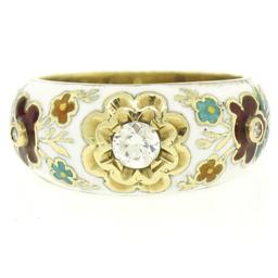 14K Yellow Gold Old Mine Diamond White Red Blue Enamel Flower Band Ring