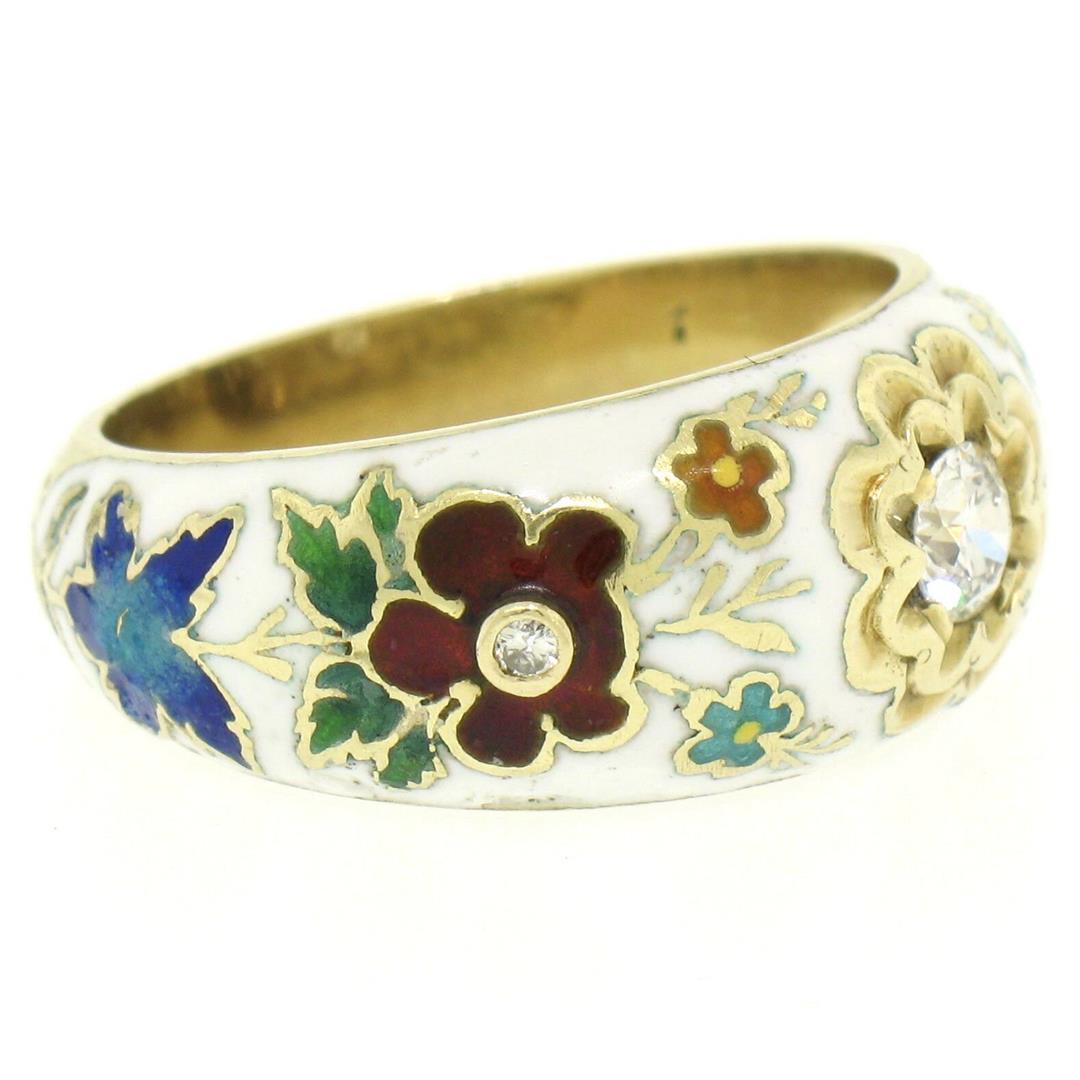 14K Yellow Gold Old Mine Diamond White Red Blue Enamel Flower Band Ring