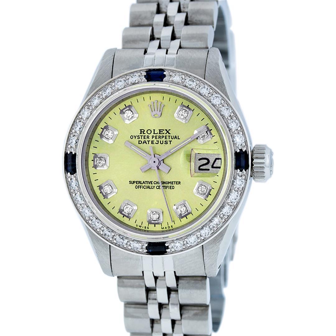 Rolex Ladies Stainless Steel Yellow Diamond & Sapphire Datejust Wristwatch