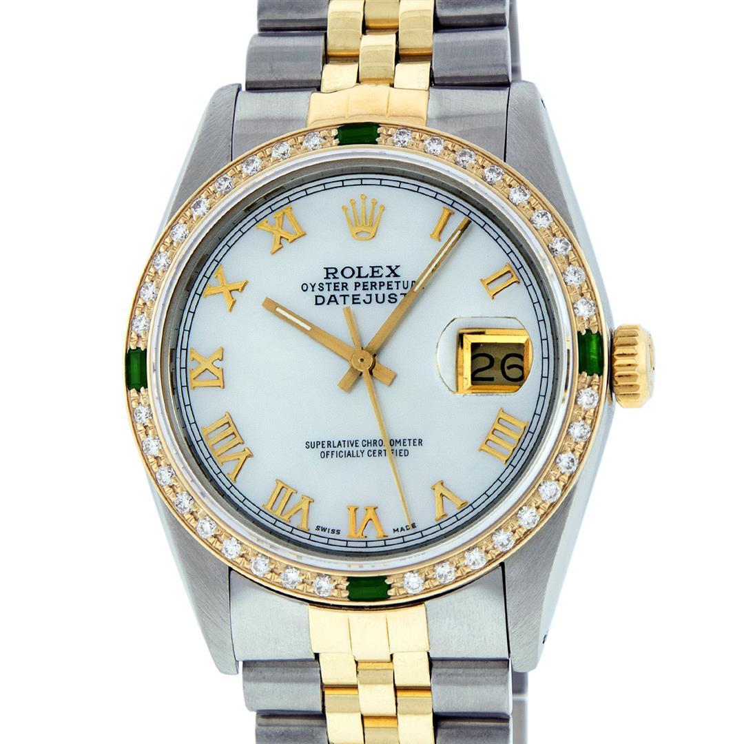 Rolex Mens 2 Tone 14K Mother Of Pearl Diamond & Emerald 36MM Datejust Wristwatch