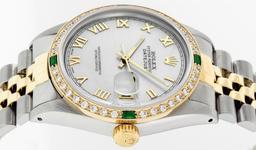 Rolex Mens 2 Tone 14K Mother Of Pearl Diamond & Emerald 36MM Datejust Wristwatch