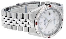 Rolex Mens Stainless Steel Silver MOP Roman 36MM Diamond & Ruby Datejust Wristwa