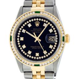 Rolex Mens 2 Tone 14K Black String Diamond & Emerald Datejust Wristwatch