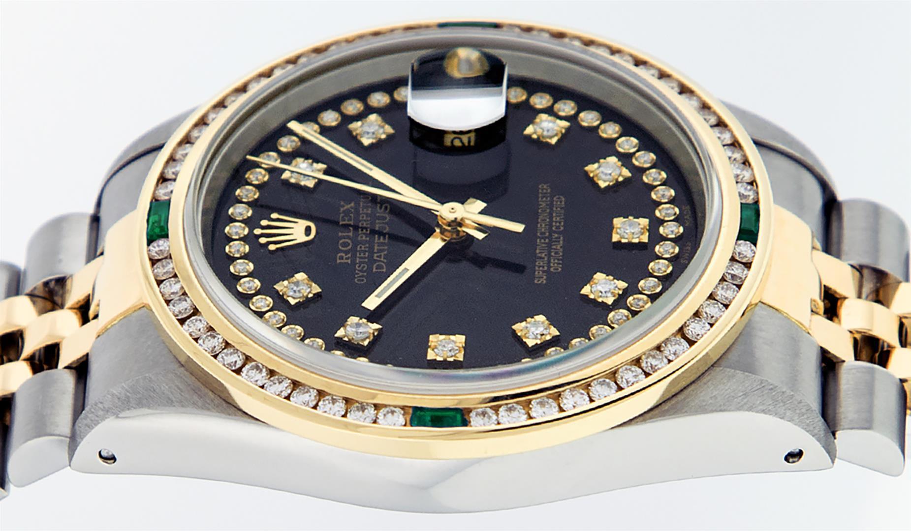 Rolex Mens 2 Tone 14K Black String Diamond & Emerald Datejust Wristwatch