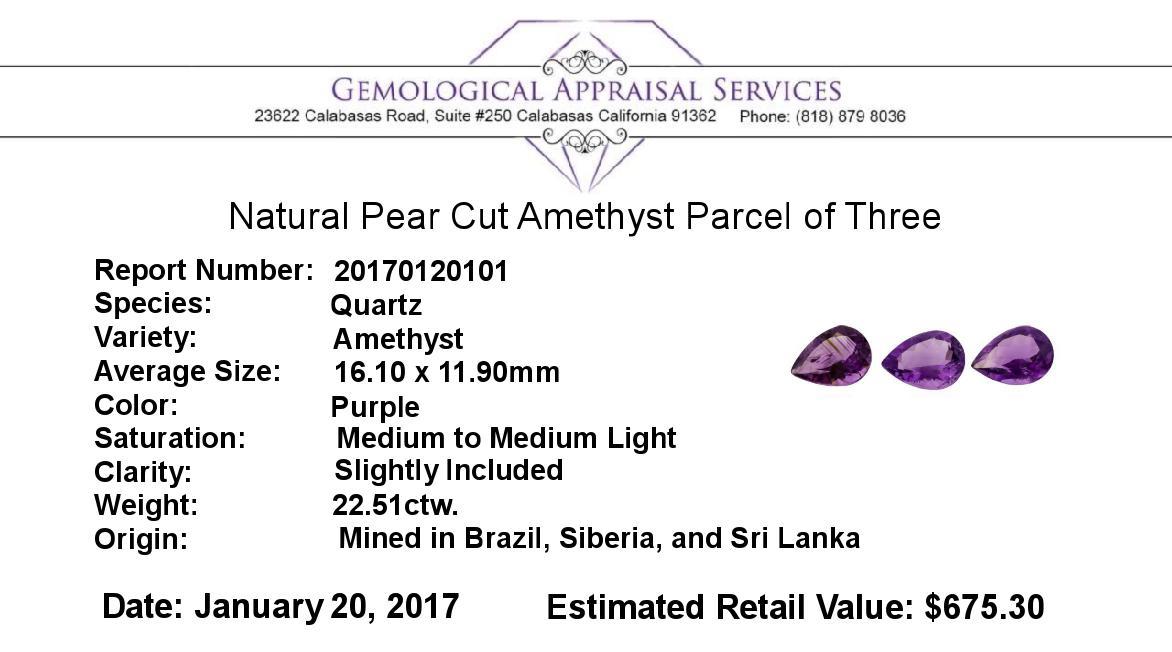 22.51 ctw.Natural Pear Cut Amethyst Parcel of Three