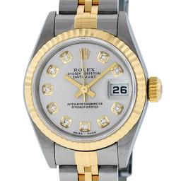 Rolex Ladies Quickset 2 Tone 18K Silver Diamond Datejust Wristwatch