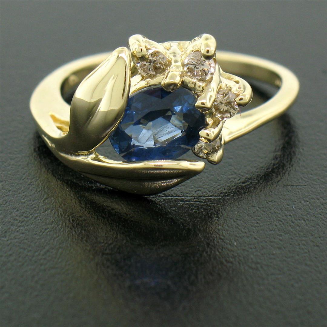 14K Solid Yellow Gold 1.14 ctw Oval Sapphire Blooming Flower Ring Diamond Accent