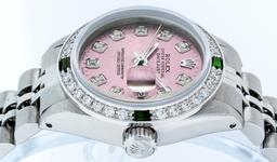 Rolex Ladies Stainless Steel Pink Diamond & Emerald Datejust Wristwatch