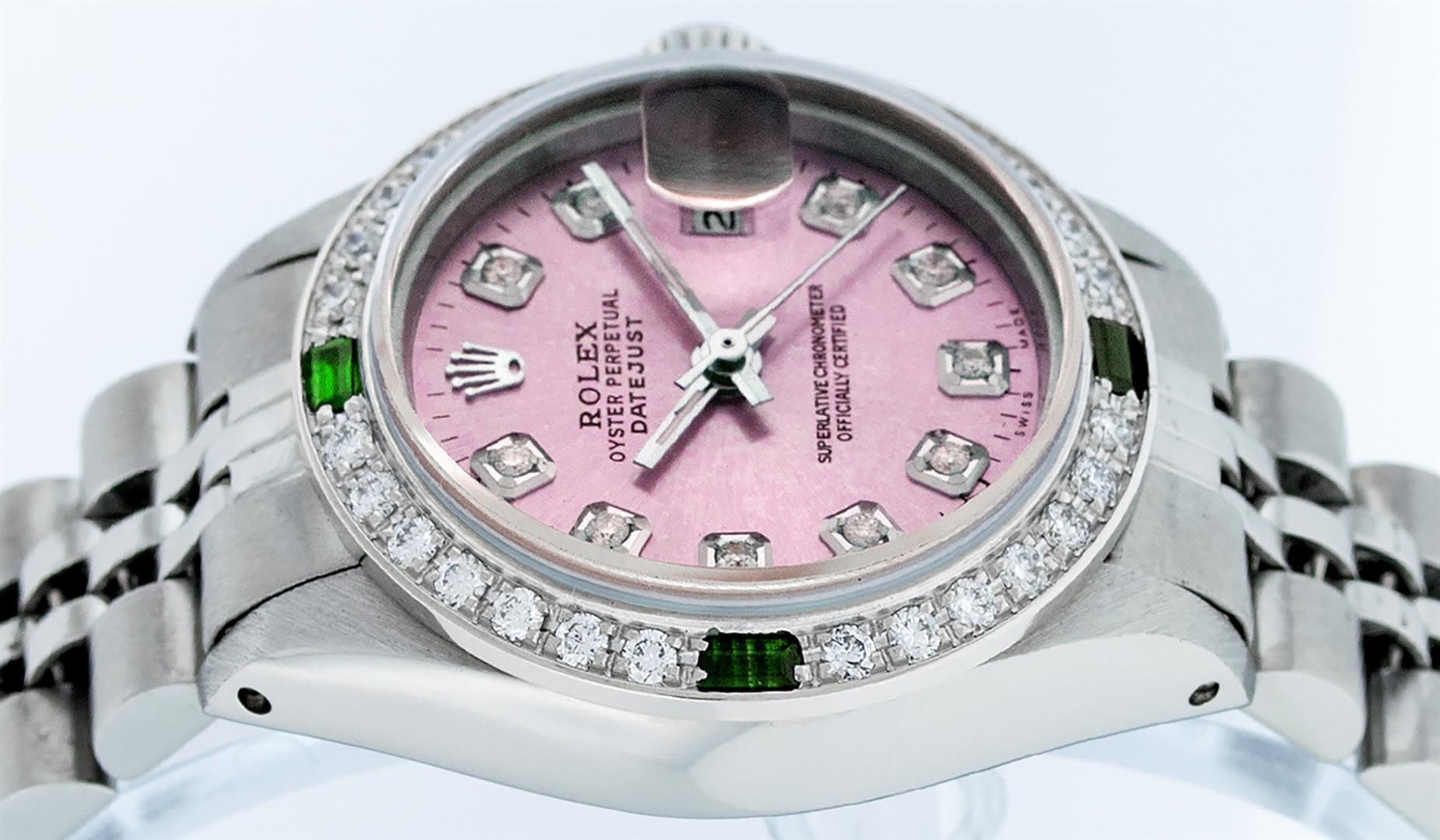 Rolex Ladies Stainless Steel Pink Diamond & Emerald Datejust Wristwatch