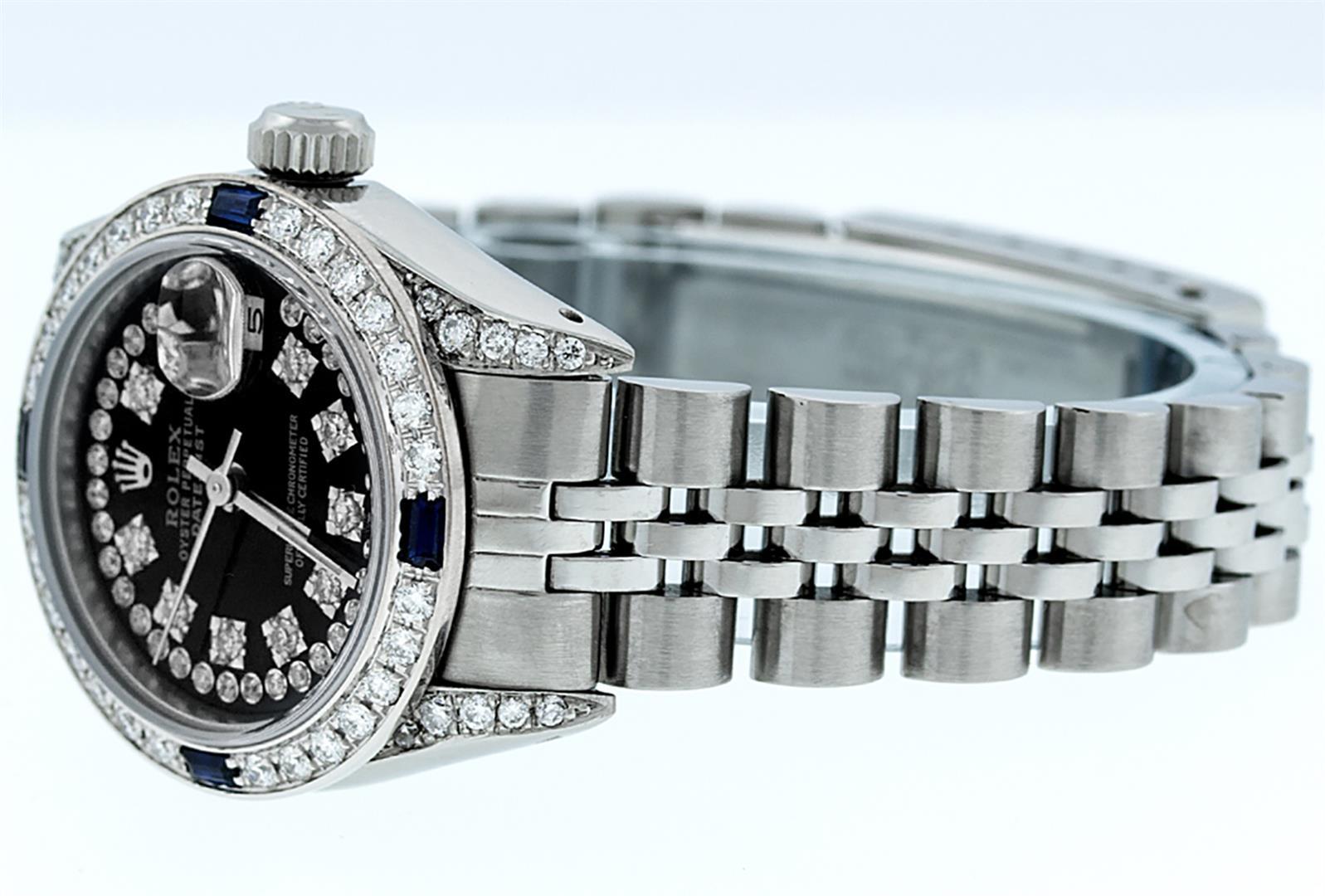 Rolex Ladies Stainless Steel 26MM Black String Diamond Lugs Datejust Wristwatch