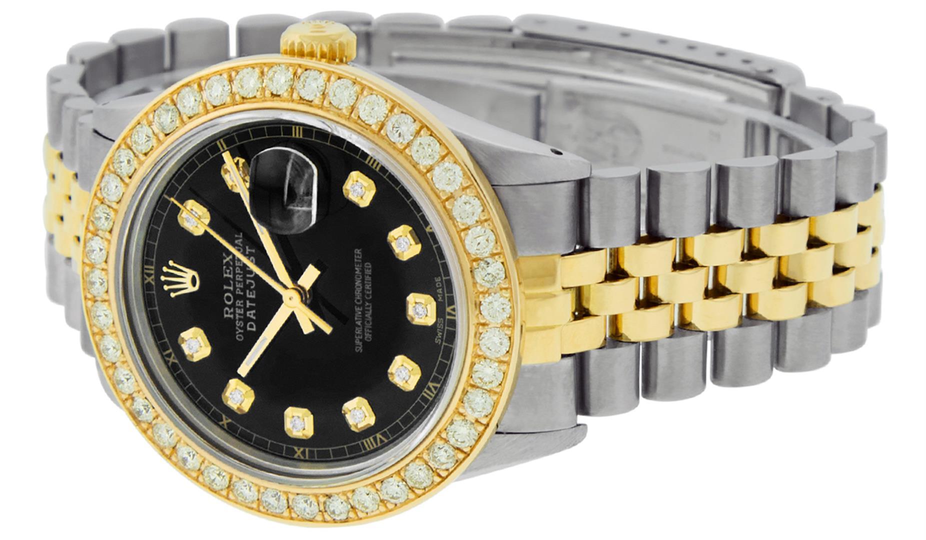 Rolex Mens 2 Tone 18K Black 1.9 ctw Diamond Datejust Wristwatch With Rolex Box