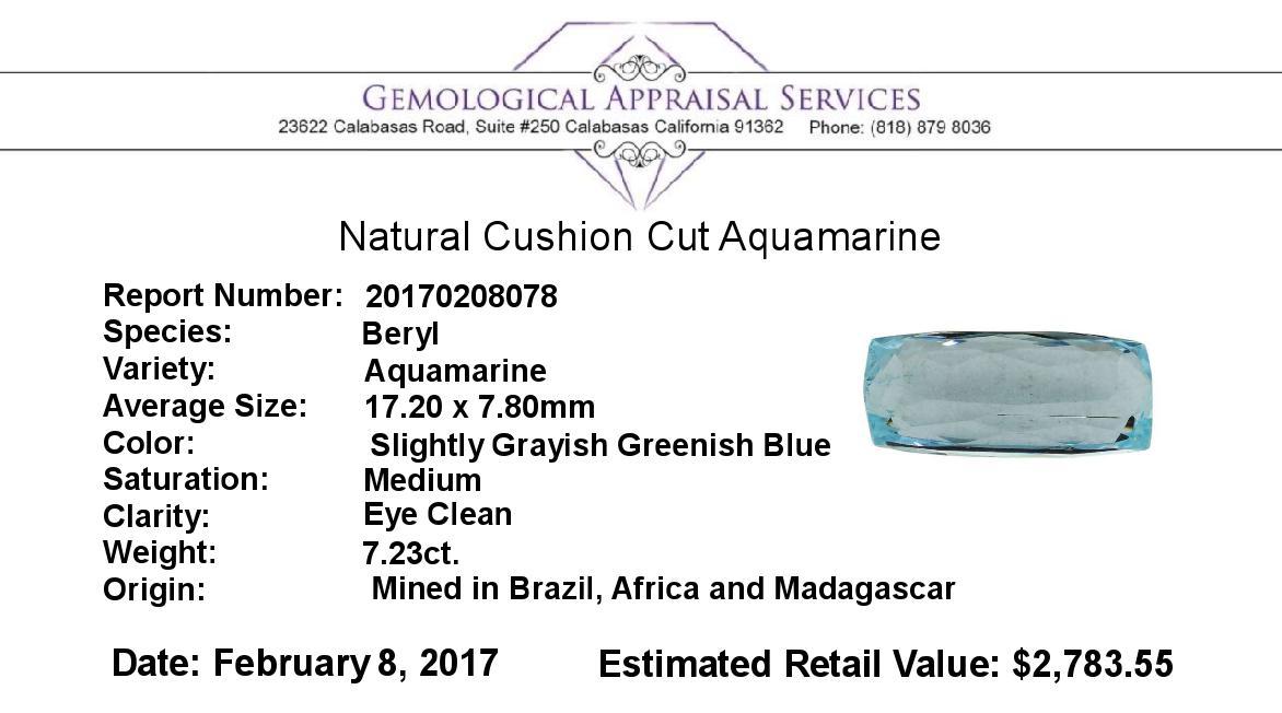 7.23 ct.Natural Cushion Cut Aquamarine