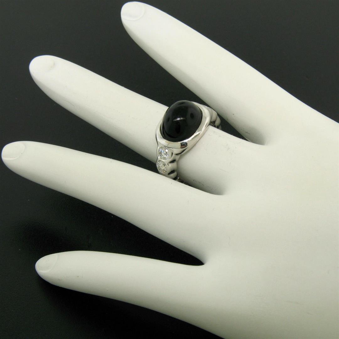 18K White Gold Oval Bezel Set Black Onyx Burnish Set Diamond Bubble Ring