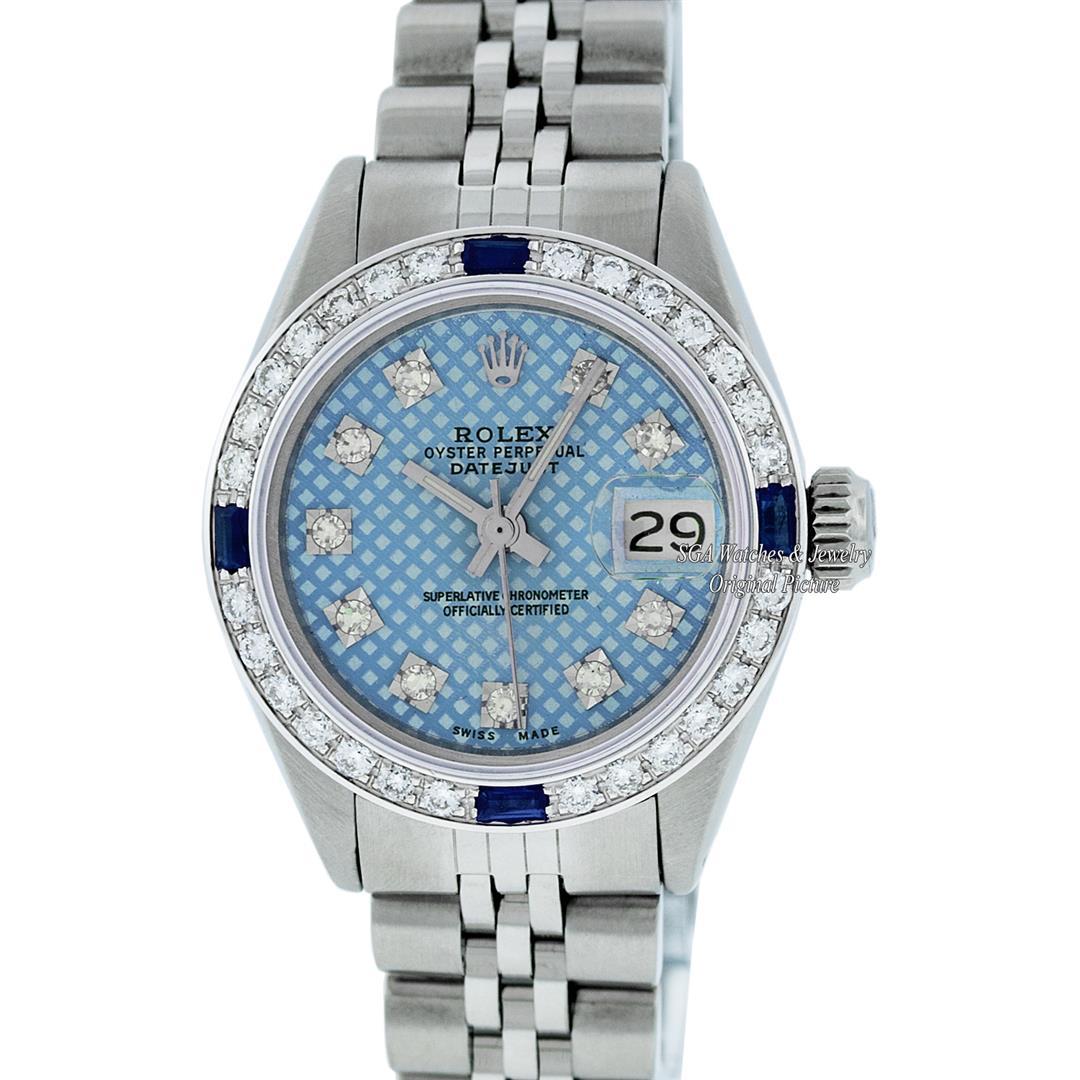 Rolex Ladies Stainless Steel Blue Stamp Diamond & Ruby Datejust Wristwatch