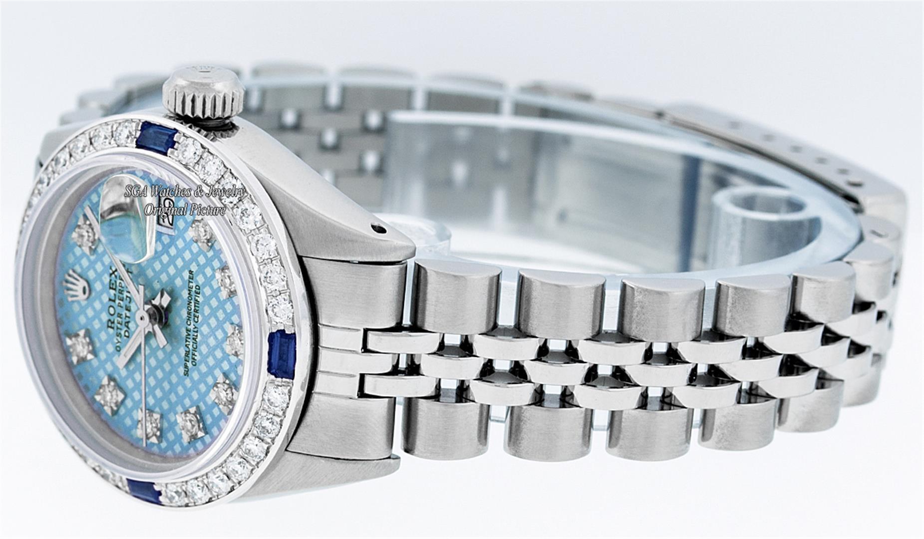 Rolex Ladies Stainless Steel Blue Stamp Diamond & Ruby Datejust Wristwatch