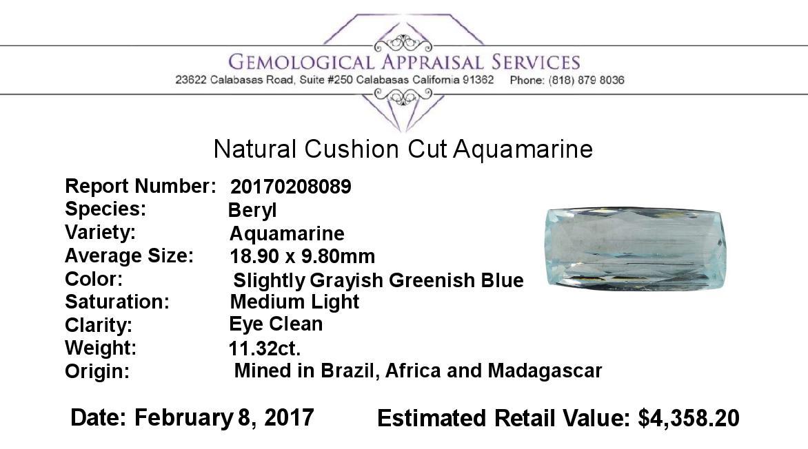 11.32 ct.Natural Cushion Cut Aquamarine