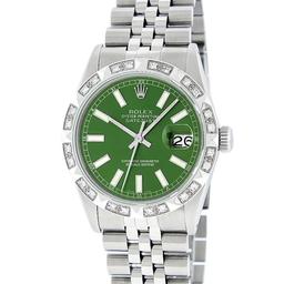 Rolex Mens Stainless Steel 36MM Green Index Pyramid Diamond Datejust Wristwatch