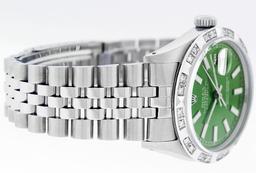 Rolex Mens Stainless Steel 36MM Green Index Pyramid Diamond Datejust Wristwatch