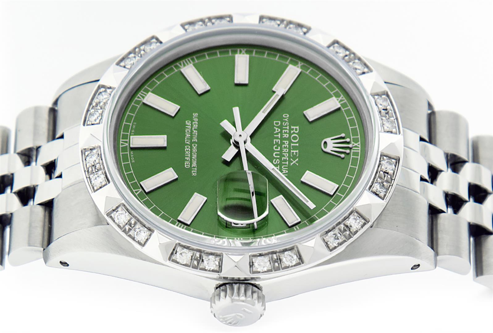 Rolex Mens Stainless Steel 36MM Green Index Pyramid Diamond Datejust Wristwatch