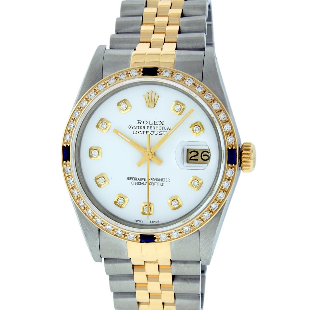 Rolex Mens 2 Tone 14K White Diamond & Sapphire Datejust Wriswatch