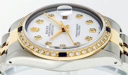 Rolex Mens 2 Tone 14K White Diamond & Sapphire Datejust Wriswatch