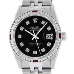 Rolex Mens SS Black Diamond & Ruby Channel Set Diamond Datejust Wristwatch