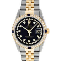 Rolex Mens 2 Tone 14K Black String Diamond & Sapphire 36MM Datejust Wristwatch