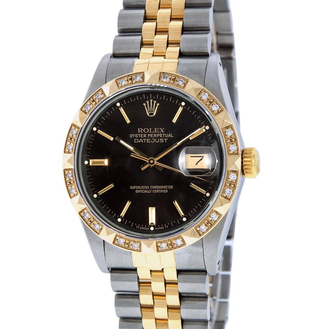 Rolex Mens 2 Tone 14K Black Index Pyramid Diamond Bezel Datejust Wristwatch