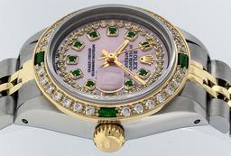Rolex Ladies 2 Tone 14K MOP Diamond & Emerald Datejust Wristwatch