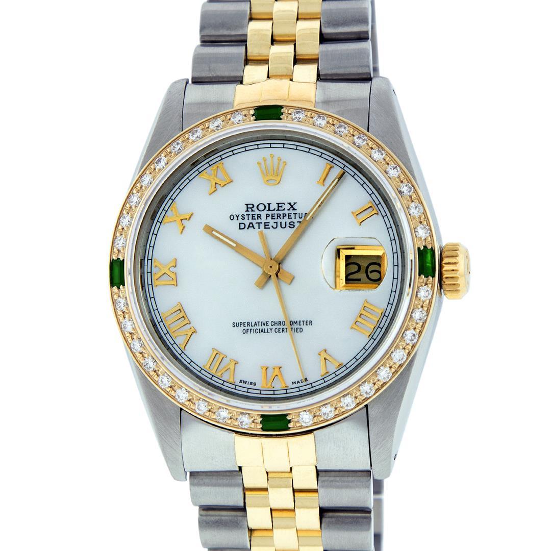 Rolex Mens 2 Tone 14K Mother Of Pearl Diamond & Emerald 36MM Datejust Wristwatch