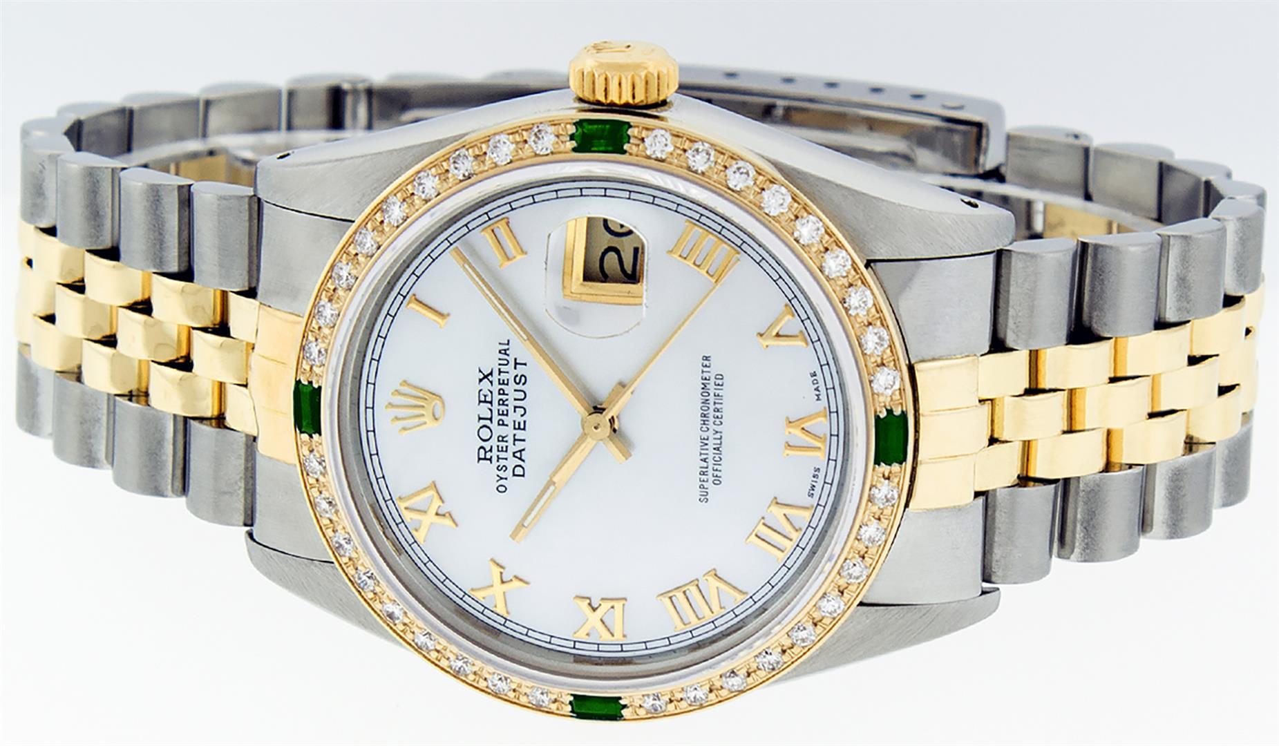 Rolex Mens 2 Tone 14K Mother Of Pearl Diamond & Emerald 36MM Datejust Wristwatch