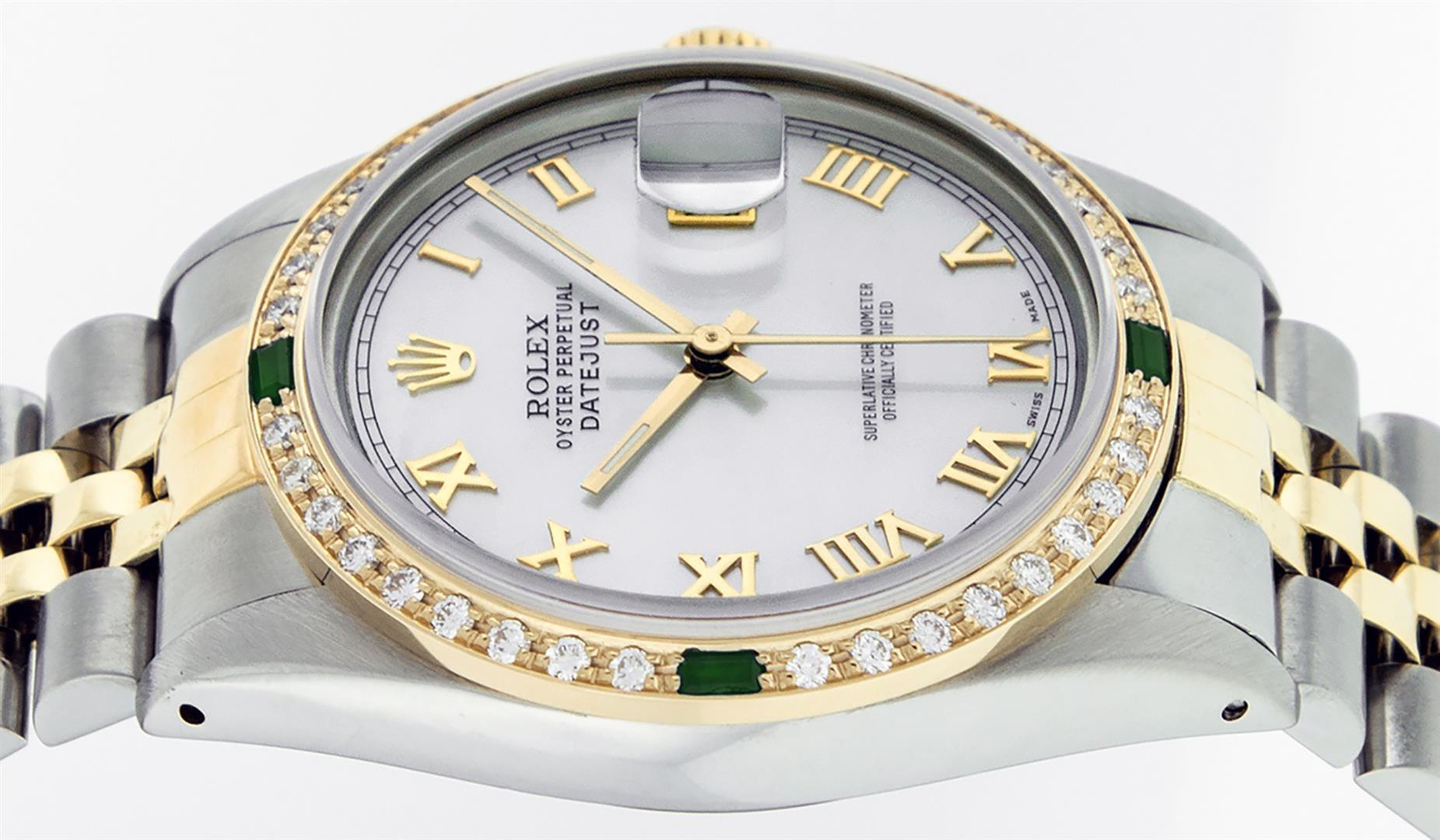 Rolex Mens 2 Tone 14K Mother Of Pearl Diamond & Emerald 36MM Datejust Wristwatch