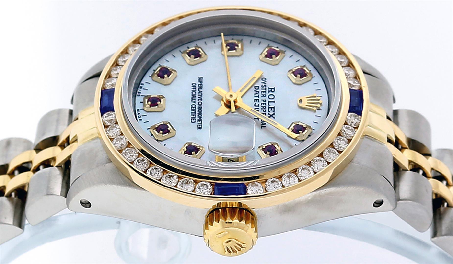 Rolex Ladies 2 Tone 14K MOP Ruby & Sapphire Channel Set Datejust Wristwatch