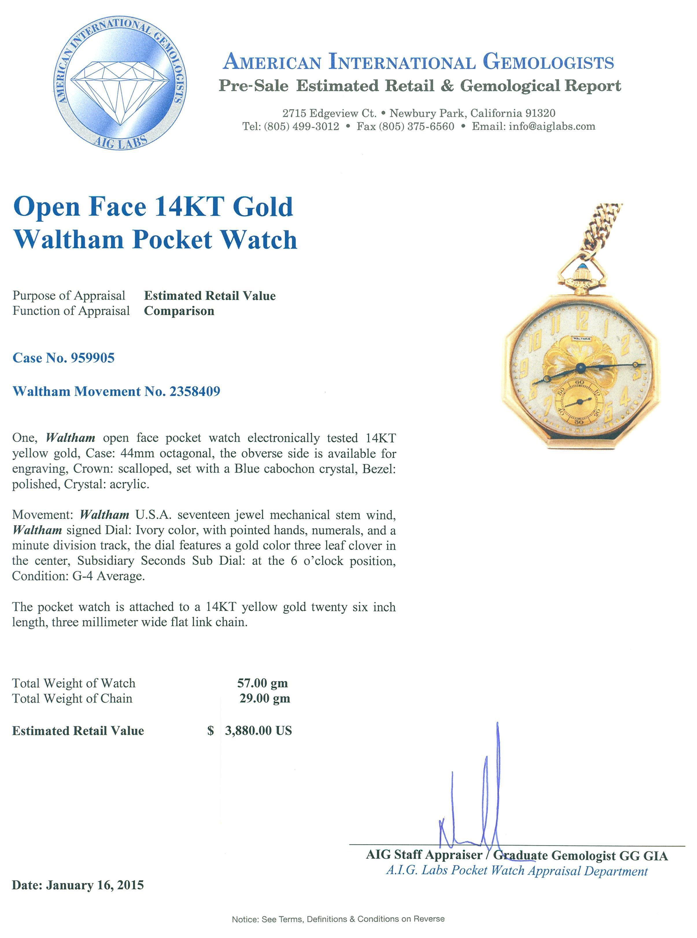 Waltham 14KT Yellow Gold Open Face Pocket Watch