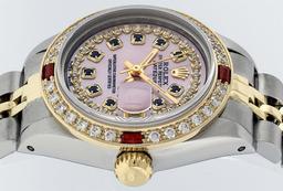 Rolex Ladies 2 Tone 14K Pink MOP Sapphire & Ruby Datejust Wriswatch