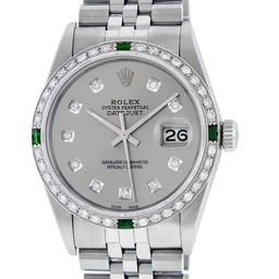 Rolex Mens Stainless Steel Slate Grey Diamond & Emerald Datejust Wristwatch