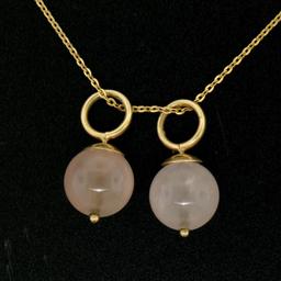 14K Yellow Gold Double 10mm Pink Rose Quartz Bead Pendant & 16" Cable Link Chain