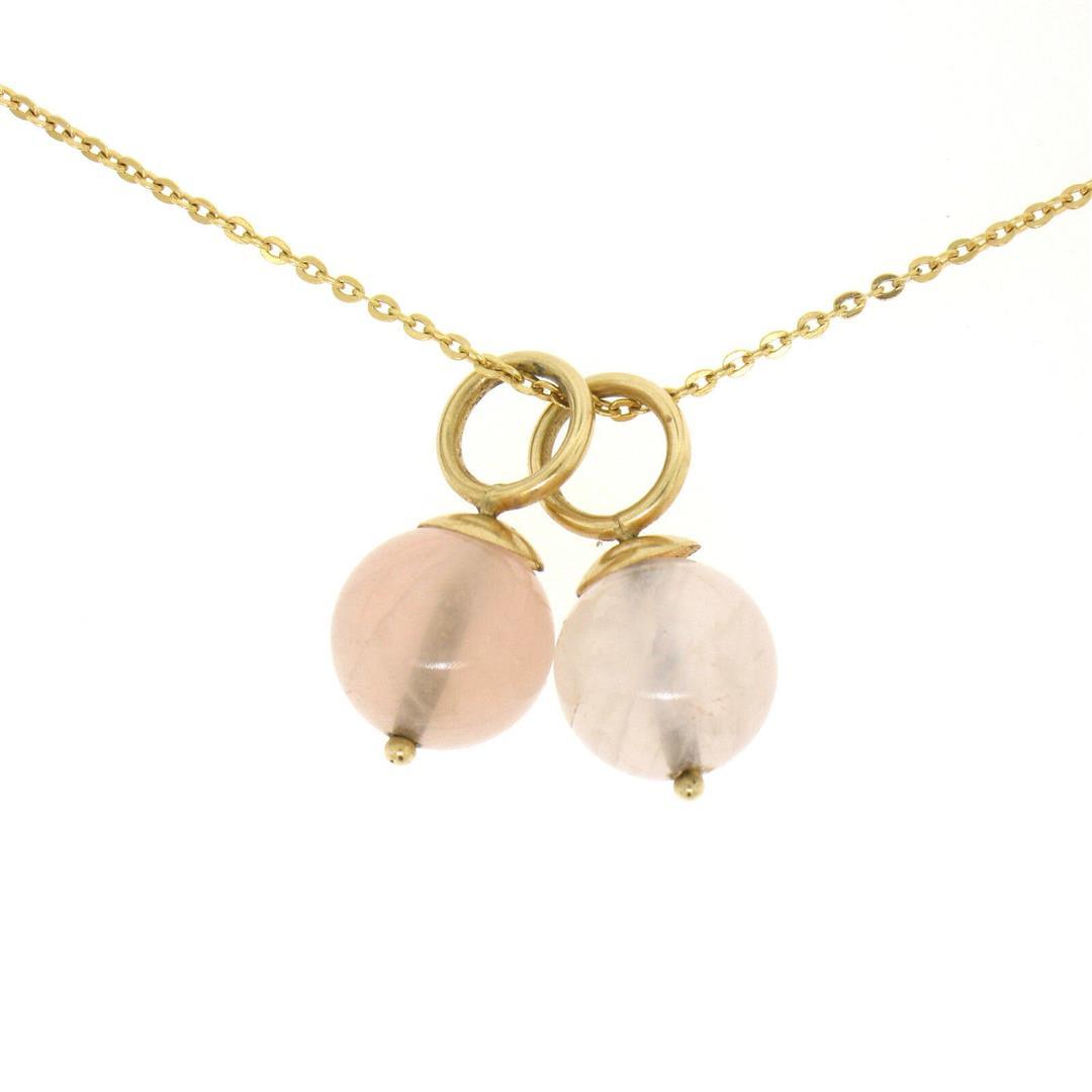 14K Yellow Gold Double 10mm Pink Rose Quartz Bead Pendant & 16" Cable Link Chain