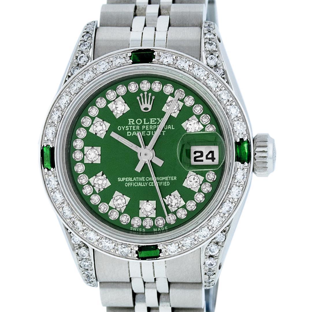 Rolex Ladies Stainless Steel 26MM Green Diamond Lugs Datejust Wristwatch